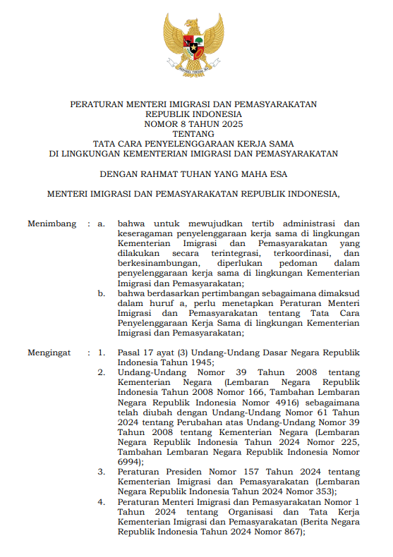 Peraturan Menteri Imigrasi dan Pemasyarakatan Nomor 8 Tahun 2025 tentang Tata Cara Penyelenggaraan Kerja Sama di Lingkungan Kementerian Imigrasi dan Pemasyarakatan